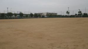 フェンスで囲まれた広々としたグラウンドの海浜公園球技場の写真