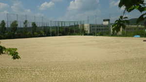 フェンスの奥に中学校の校舎が見える広々としたグラウンドの桜ケ丘中央公園野球場の写真