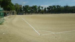 グラウンドを囲むように木々が植えられており、サッカーゴールが設置されている広々としたグラウンドの瀬戸公園球技場の写真