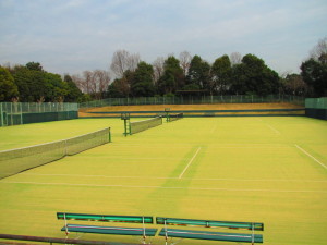 人工芝コートが3面並んでいる総合運動公園テニスコートの写真